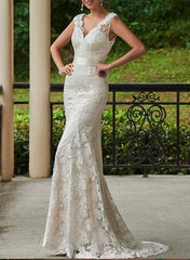 Lace Sheath/Column V-neck Wedding Dresses With Bow(s) Sweep Train