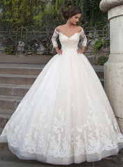 Ball-Gown V-Neck Tulle Lace Chapel Train Wedding Dress With Appliques Lace