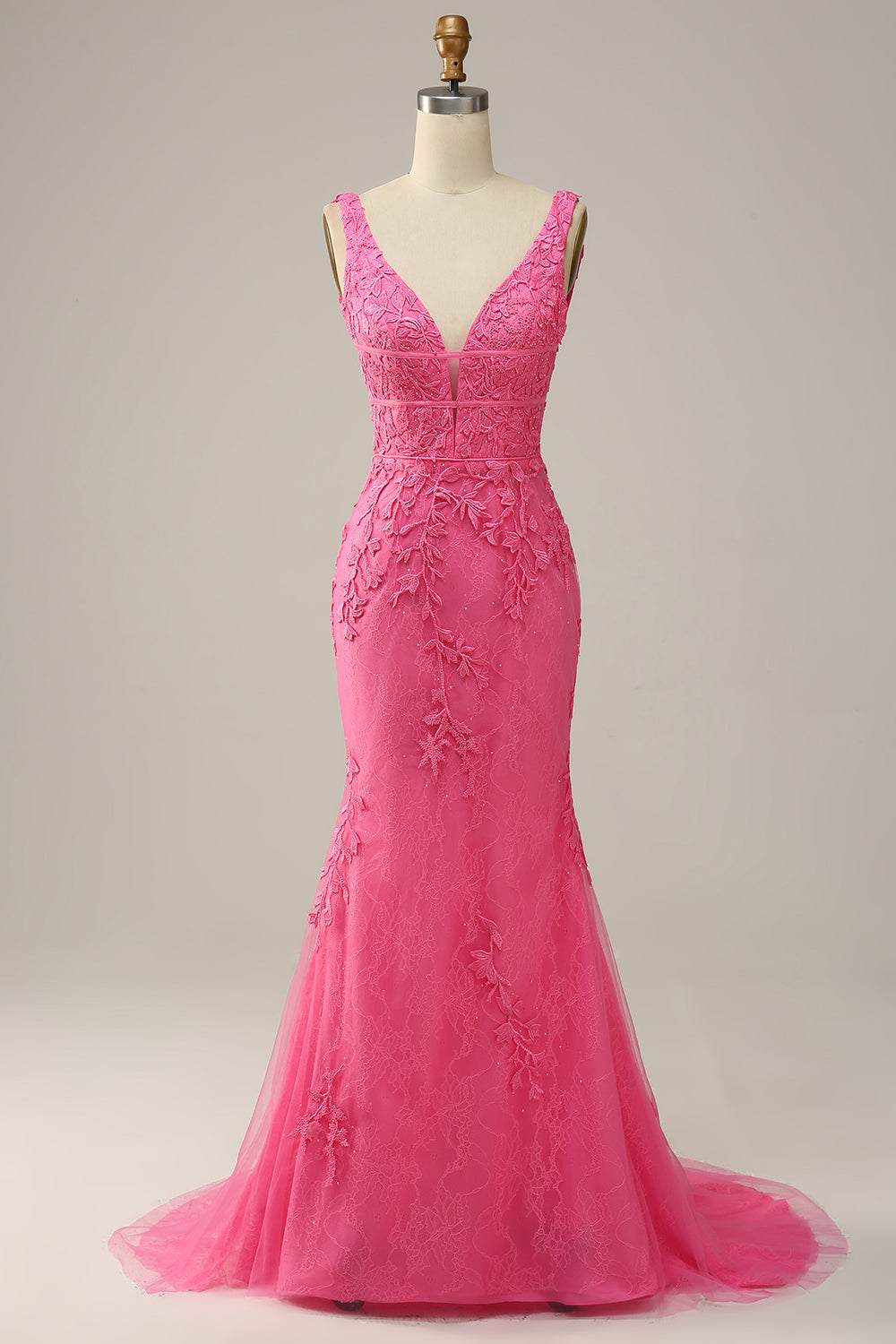 Mermaid Deep V Neck Pink Long Prom Dress with Appliques