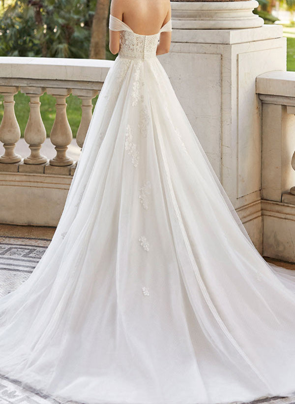 Off-The-Shoulder Ball-Gown Wedding Dresses With Short Sleeves Tulle Lace and Appliques