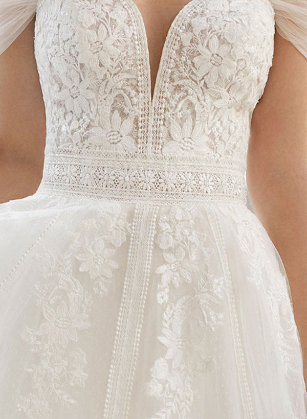 Off-The-Shoulder Ball-Gown Wedding Dresses With Short Sleeves Tulle Lace and Appliques