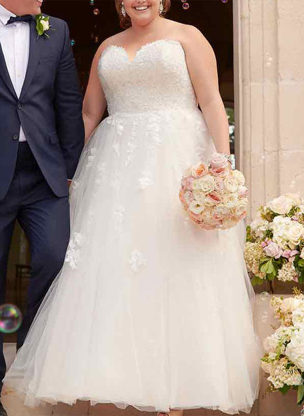 A-Line Strapless Sleeveless Tulle Lace Court Train Wedding Dresses With Appliques Lace