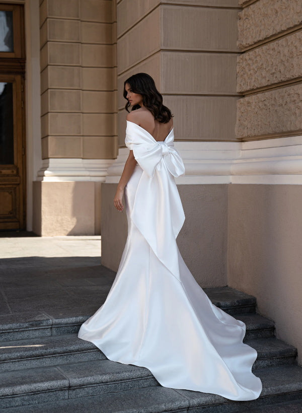 Off-the-Shoulder Sleeveless Satin Sweep Train Wedding Dress With Bow(s)