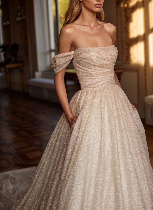 Off-Shoulder Sequined Court Train Wedding Dress