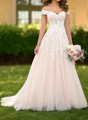 Off-the-Shoulder Sleeveless Tulle Sweep Train Wedding Dress With Appliques Lace