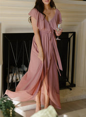 Chiffon Asymmetrical Bridesmaid Dress with Bows