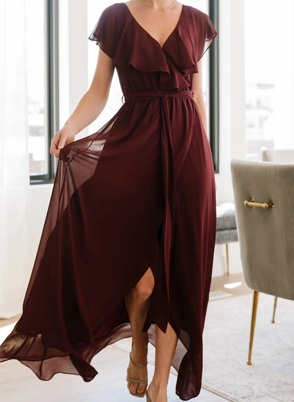 Chiffon Asymmetrical Bridesmaid Dress with Bows