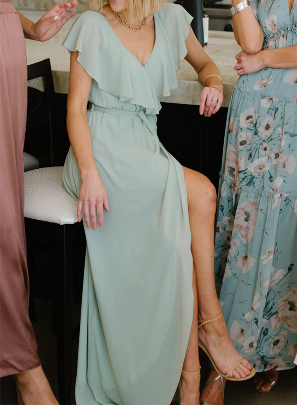 Chiffon Asymmetrical Bridesmaid Dress with Bows