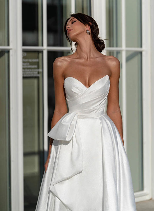 A-Line Strapless Satin Wedding Dress With Split Front Bow