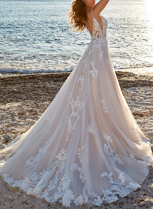 A-Line V-Neck Sweep Train Tulle Bridal Gown