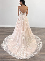 A-Line V-Neck Sweep Train Tulle Bridal Gown