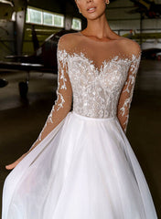 Illusion Neck A-Line Wedding Dress With Beading Appliques Lace and Sweep Train