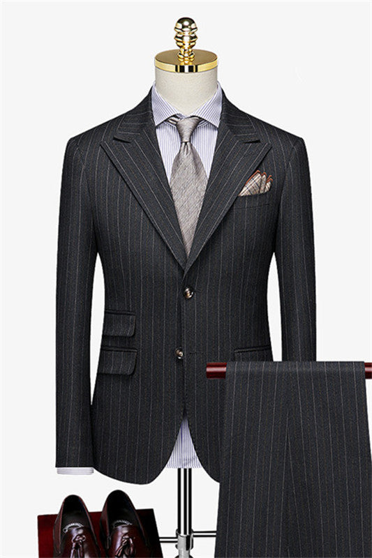 Black Striped Peaked Lapel Bespoke Double Breasted Business Suit