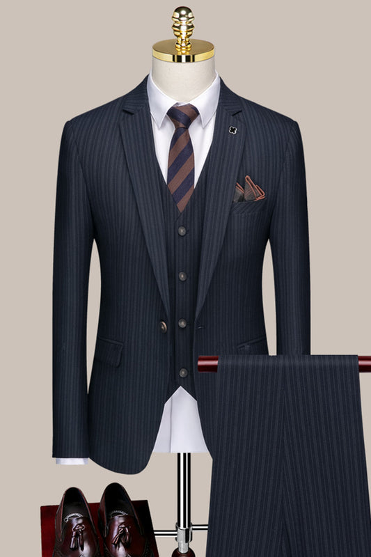 Dark Blue Striped Three-Piece Notched Lapel Business Suit