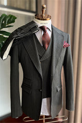 Gray Striped Peaked Lapel Business Suit