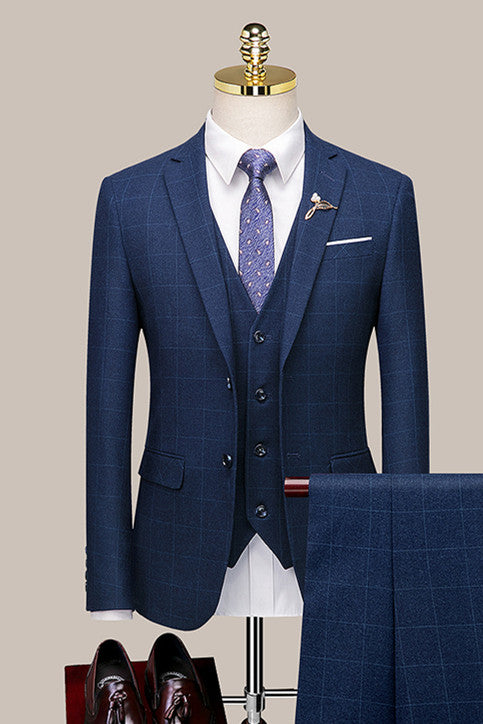 Navy Blue Plaid Close Fitting Fashion Formal Business Suit