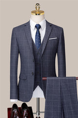 Gray Three-Piece Plaid Notched Lapel Business Suit