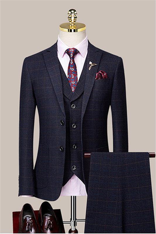 Navy Blue Plaid Peaked Lapel Slim Fit Men's Suit