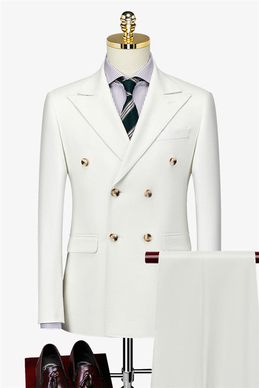 White Double-Breasted Peaked Lapel Formal Business Suit