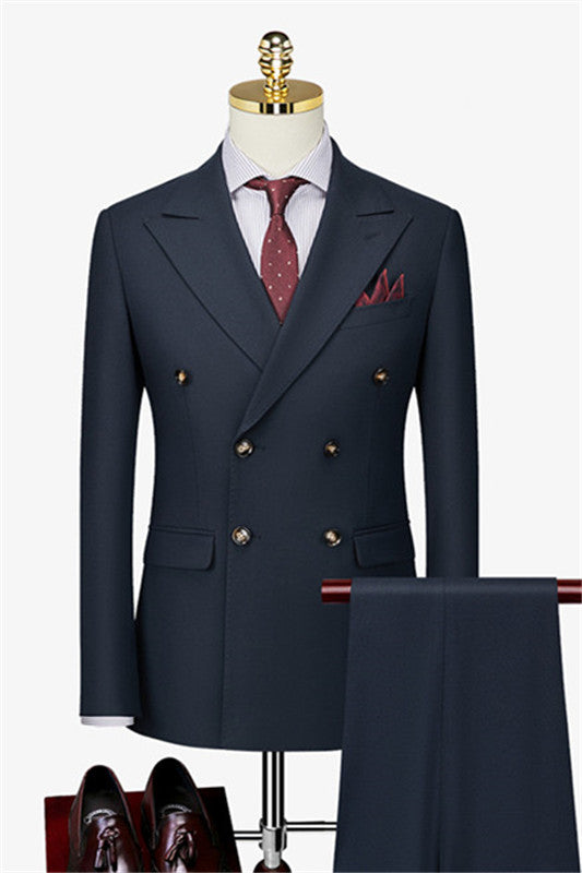 Dark Navy Double Breasted Peaked Lapel Stylish Business Suit