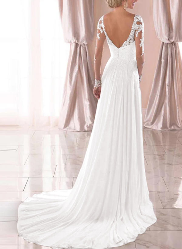 A-Line V-Neck Long Sleeves Chiffon Court Train Wedding Dress With Lace: