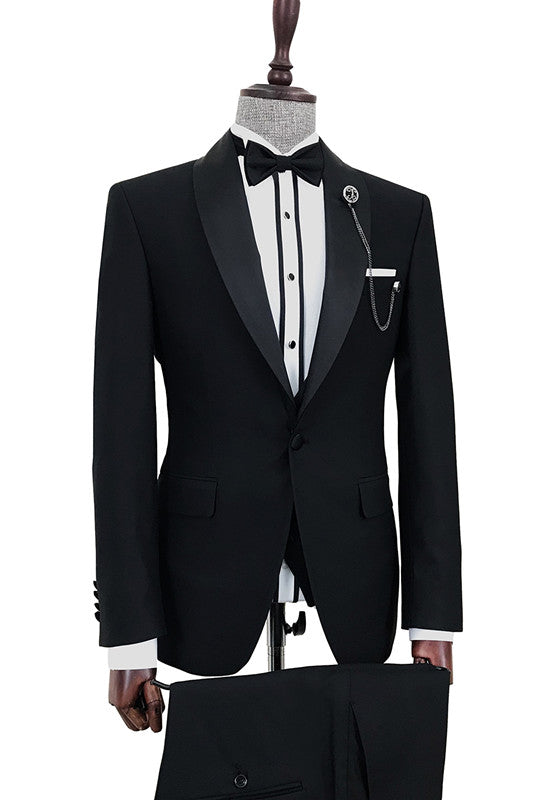 Black One-Button Shawl Lapel Wedding Suit