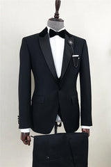 Modern Black Peaked Lapel One Button Wedding Suit for Men