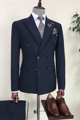 Formal Navy Blue Double Breasted Peaked Lapel Business Suit for Men