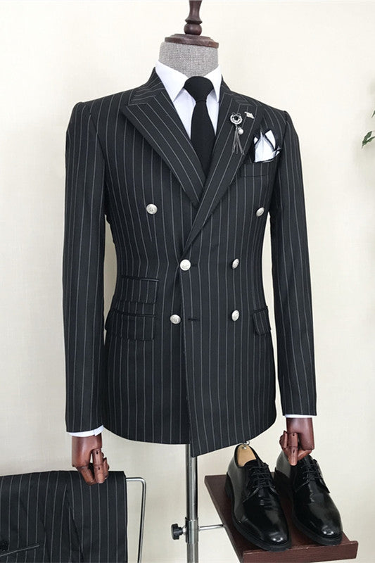 Black Double-Breasted Peaked Lapel Business Suit