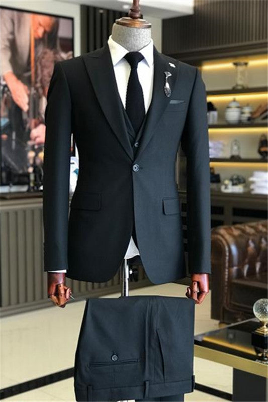 Black Three-Piece Peaked Lapel Business Suit