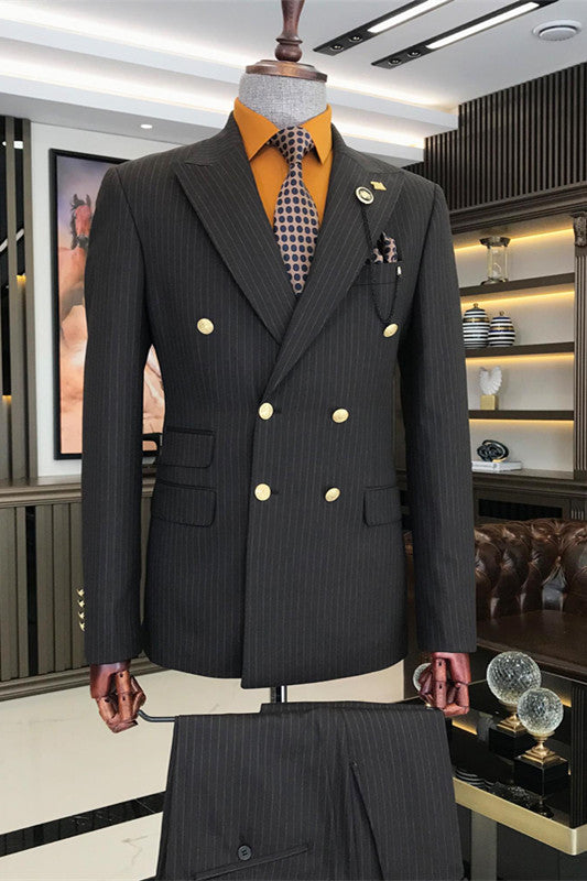 Bespoke Black Striped Double Breasted Business Men's Suit