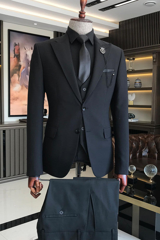 Black Peaked Lapel Three-Piece Business Suit