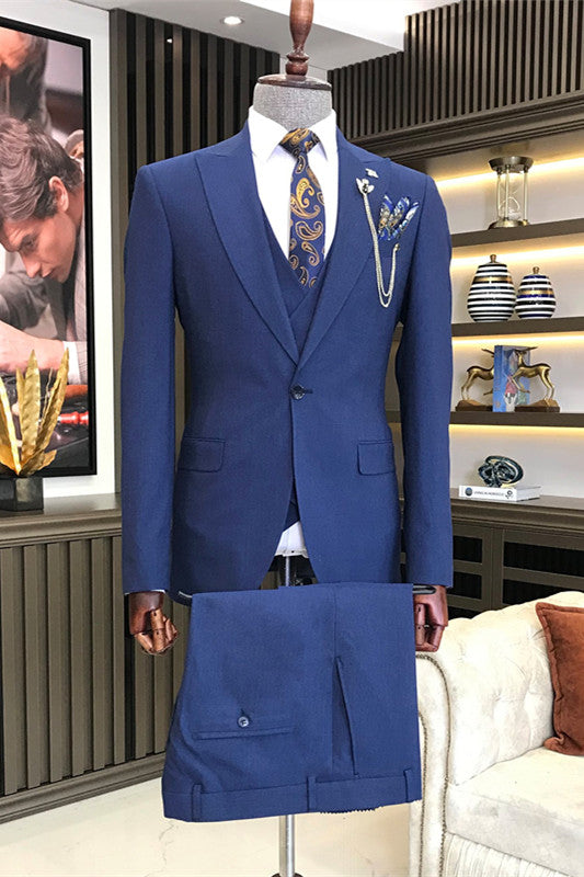 Blue Three-Piece Peaked Lapel Business Suit