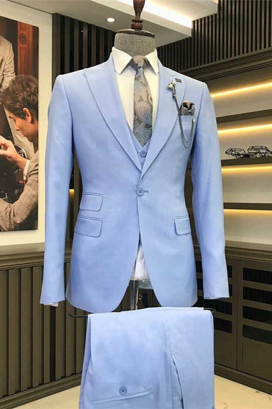 Sky Blue Peaked Lapel Prom Suit - Modern Three-Piece Design