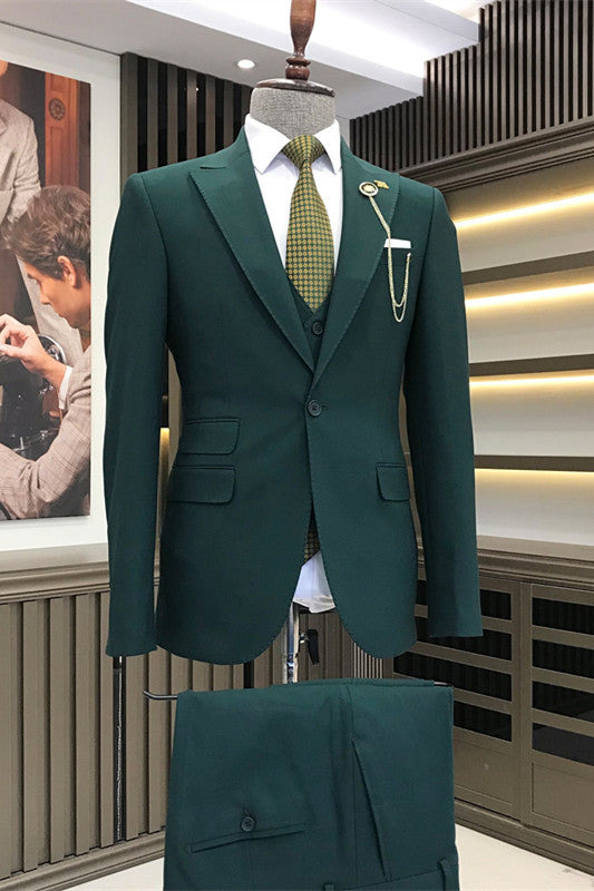 Dark Green Three-Piece Peaked Lapel Business Suit