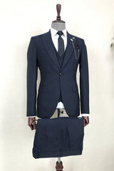 Formal Navy Blue 3-Piece Peaked Lapel Business Men's Suit