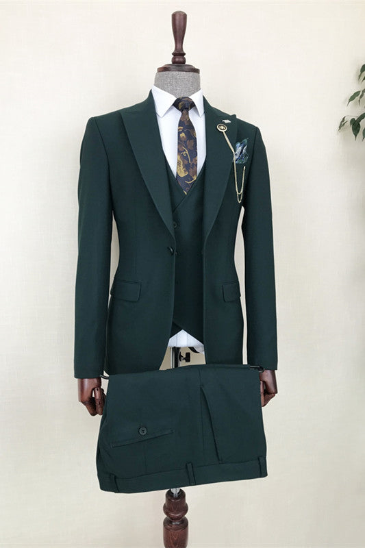 Dark Green Three-Piece Peaked Lapel Business Suit