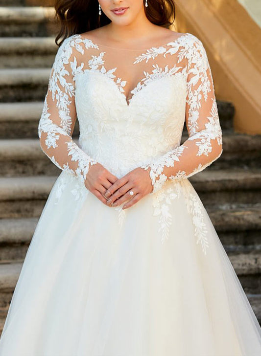 Ball-Gown/Princess Illusion Neck Sweep Train Organza Plus Size Wedding Dress With Lace Appliques