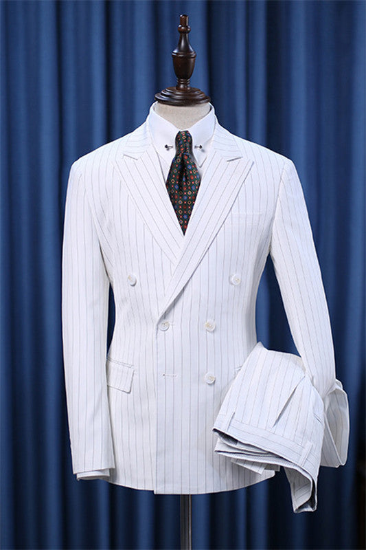 White Striped Double-Breasted Peaked Lapel Suit