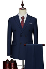 Dark Navy Double Breasted Peaked Lapel Men's Suit