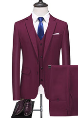 Burgundy 3-Piece Close Fitting Notched Lapel Men's Business Suit