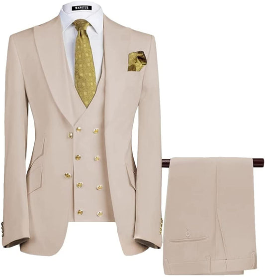 Beige Three-Piece Peaked Lapel Prom Suit