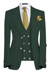 Dark Green Three-Piece Peaked Lapel Business Suit