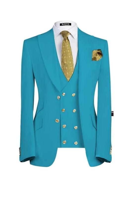 Lake Blue Three-Piece Peaked Lapel Prom Suit