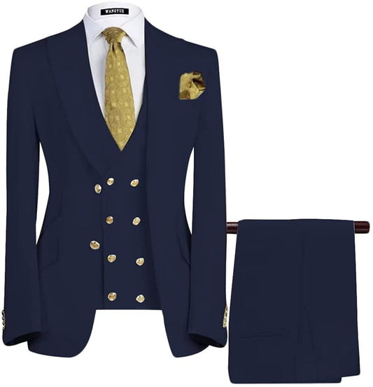 Navy Blue Three-Piece Peaked Lapel Business Suit