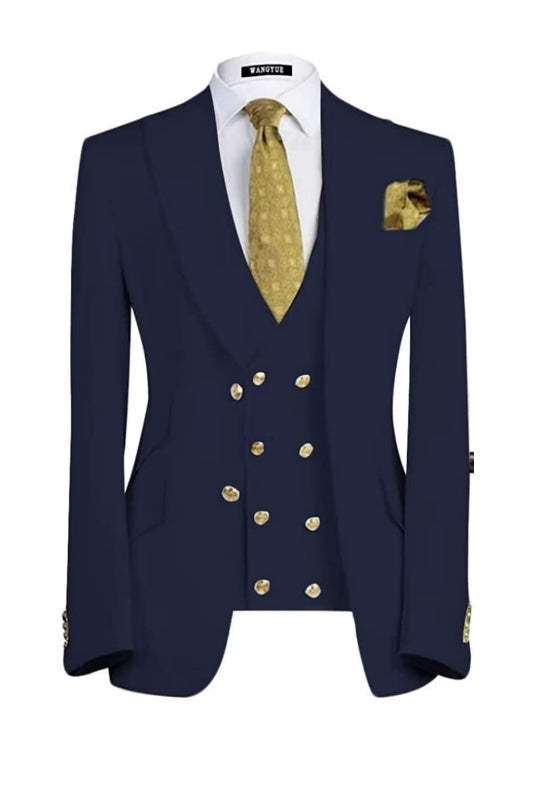 Navy Blue Three-Piece Peaked Lapel Business Suit