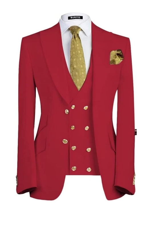 Modern Red 3-Piece Peaked Lapel Prom Suit for Men