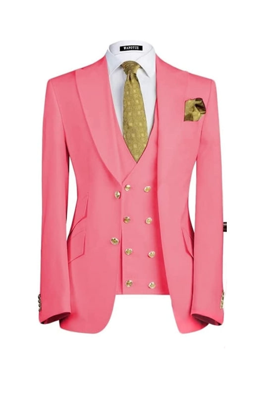 Candy Pink Three-Piece Peaked Lapel Prom Suit