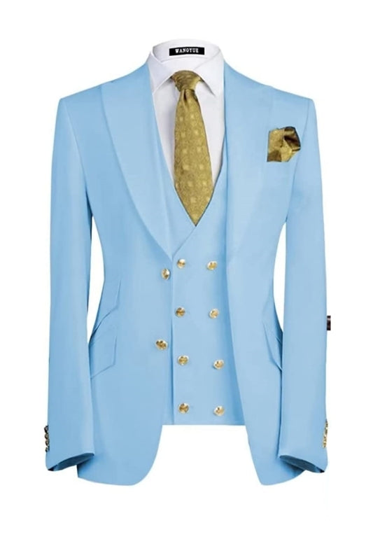 Sky Blue Three-Piece Peaked Lapel Prom Suit