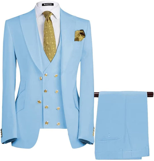 Sky Blue Three-Piece Peaked Lapel Prom Suit